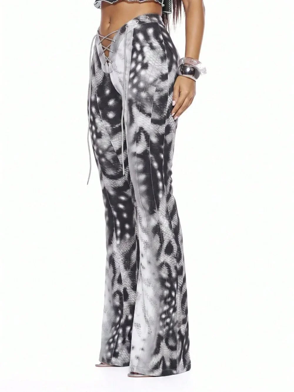Black Casual Women's Mixed Print Tie Front Flared Low Waist Skinny Jeans